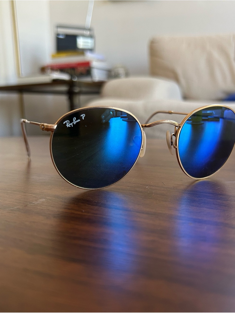 Ray-Ban Gold Frame Blue Mirrored Round Sunglasses